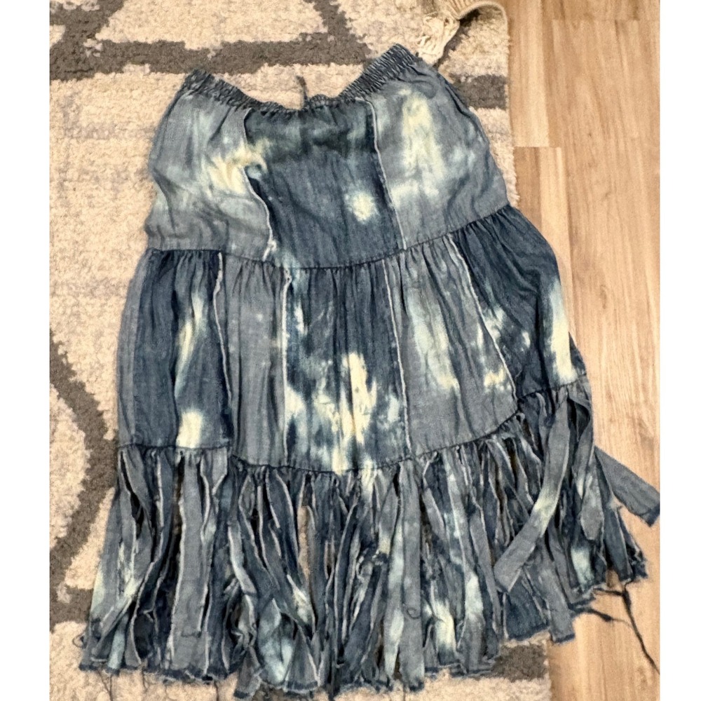A Rare Bird Fringe With It Skirt Denim Maxi Boho Tiered Acid Wash L XL xx - Picture 3 of 8
